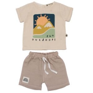 Erkek Bebek Ekru Bej Güneş Fun Outdoors Yazılı 2'li Takım