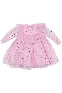 Kız Çocuk Pembe Gold Yıldız Desenli Tüllü Elbise