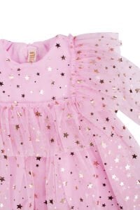 Kız Çocuk Pembe Gold Yıldız Desenli Tüllü Elbise