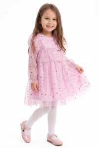 Kız Çocuk Pembe Gold Yıldız Desenli Tüllü Elbise