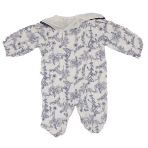 Kız Bebek Beyaz Mavi Biyeli Yakalı Müslin Organik Çıtçıtlı Tulum