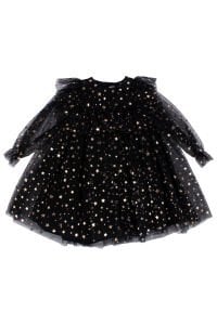 Kız Çocuk Siyah Gold Yıldız Desenli Tüllü Elbise