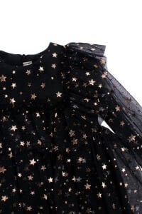 Kız Çocuk Siyah Gold Yıldız Desenli Tüllü Elbise