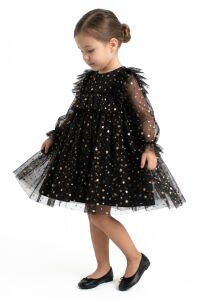 Kız Çocuk Siyah Gold Yıldız Desenli Tüllü Elbise