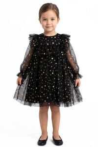 Kız Çocuk Siyah Gold Yıldız Desenli Tüllü Elbise