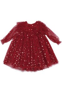 Kız Çocuk Kırmızı Gold Yıldız Desenli Tüllü Elbise