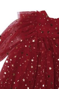 Kız Çocuk Kırmızı Gold Yıldız Desenli Tüllü Elbise