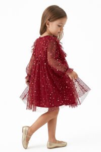Kız Çocuk Kırmızı Gold Yıldız Desenli Tüllü Elbise
