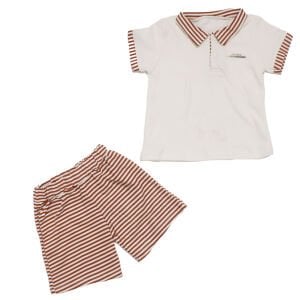 Erkek Bebek Beyaz Kiremit Çizgili Yakalı Şortlu 2'li Takım