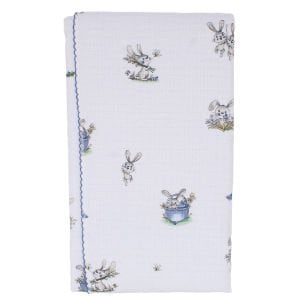 Erkek Bebek Mavi Biyeli Tavşanlı Desenli Pikeli Müslin Battaniye 80x90