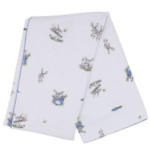 Erkek Bebek Mavi Biyeli Tavşanlı Desenli Pikeli Müslin Battaniye 80x90