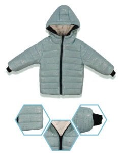 Kız Çocuk Su Yeşili Simli Parlak İçi Peluş Mont