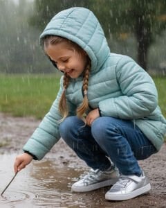 Kız Çocuk Su Yeşili Simli Parlak İçi Peluş Mont