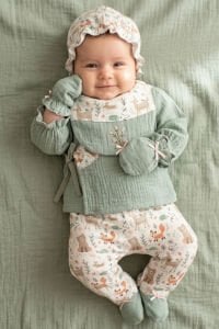 Kız Bebek Yeşil Beyaz Hayvanlı Desenli Müslin 5 Parça Hastane Çıkış Seti