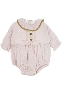 Kız Bebek Pudra Yakalı Fisto Düğmeli Fiyonklu 4 Kat Müslin Çoraplı Zıbınlı Tulum