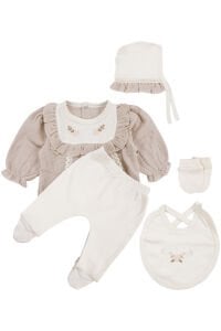 Kız Bebek Ekru Bej Müslin Fırfırlı Fistolu Çiçek Nakışlı 5 Parça Hastane Çıkış Seti