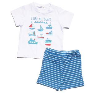 Erkek Bebek Beyaz Gemi Desenli Mavi Çizgili Şortlu 2'li Takım