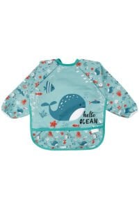 Unisex Su Yeşili Balina Desenli Uzun Kollu Önlük 6-24 Ay