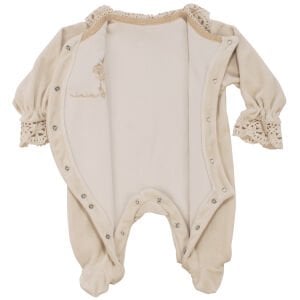 Kız Bebek Bej Dantelli Yakalı Kadife Çıtçıtlı Tulum