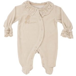 Kız Bebek Bej Dantelli Yakalı Kadife Çıtçıtlı Tulum