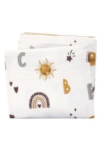 Unisex Ekru Hardal Biyeli Kalp Gökkuşağı Desenli Pikeli Müslin Battaniye 100x100cm