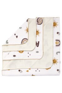 Unisex Ekru Hardal Biyeli Kalp Gökkuşağı Desenli Pikeli Müslin Battaniye 100x100cm