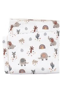 Unisex Ekru Kahve Biyeli Fil Gökkuşağı Desenli Pikeli Müslin Battaniye 100x100cm