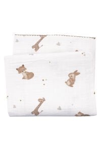 Unisex Ekru Kahve Biyeli Ayı Tavşan Desenli Pikeli Müslin Battaniye 100x100cm