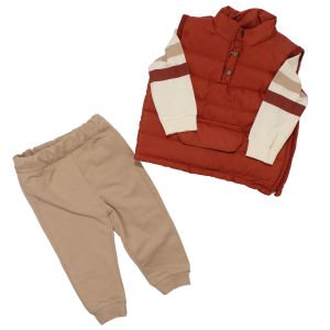 Erkek Bebek Kiremit Bej Şişme Yelekli Önü Kapalı Cepli 3'lü Takım