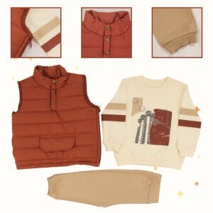 Erkek Bebek Kiremit Bej Şişme Yelekli Önü Kapalı Cepli 3'lü Takım