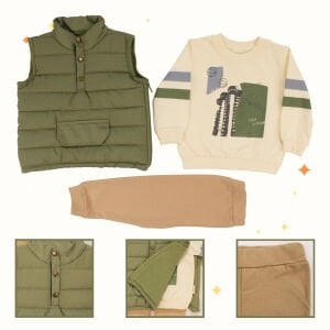 Erkek Bebek Yeşil Bej Şişme Yelekli Önü Kapalı Cepli 3'lü Takım