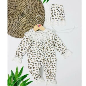 Kız Bebek Beyaz Kahve Leopar Desenli Bereli Fistolu Tulum