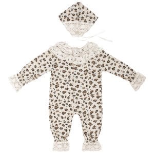 Kız Bebek Beyaz Kahve Leopar Desenli Bereli Fistolu Tulum