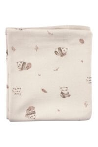 Unisex Bej Panda Desenli Organik Penye Battaniye