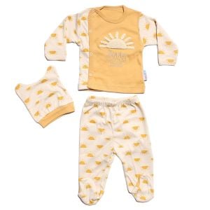 Unisex Ekru Sarı Güneş Baskılı Çıt Çıtlı 3'lü Pijama Takımı 0-3 Ay