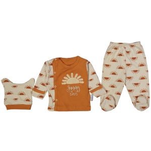 Unisex Ekru Turuncu Güneş Baskılı Çıt Çıtlı 3'lü Pijama Takımı 0-3 Ay