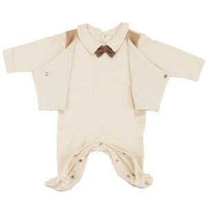 Erkek Bebek Ekru Kahve Papyonlu Kendinden Yelekli Patikli Lüks Tulum