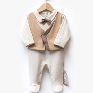 Erkek Bebek Ekru Kahve Papyonlu Kendinden Yelekli Patikli Lüks Tulum