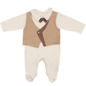 Erkek Bebek Ekru Kahve Papyonlu Kendinden Yelekli Patikli Lüks Tulum