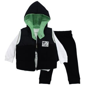 Erkek Bebek Siyah Yeşil Şapkalı Şişme Yelekli Badili 3'lü Takım