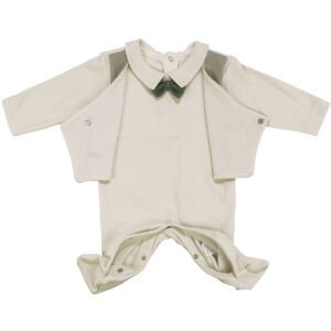 Erkek Bebek Ekru Yeşil Papyonlu Kendinden Yelekli Patikli Lüks Tulum