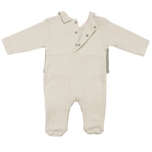 Erkek Bebek Ekru Yeşil Papyonlu Kendinden Yelekli Patikli Lüks Tulum