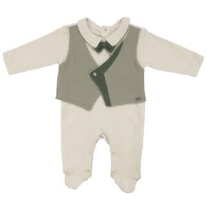 Erkek Bebek Ekru Yeşil Papyonlu Kendinden Yelekli Patikli Lüks Tulum