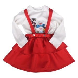 Kız Çocuk Kırmızı Fırfırlı Salopet Elbise Badili 2'li Takım