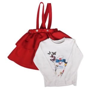 Kız Çocuk Kırmızı Fırfırlı Salopet Elbise Badili 2'li Takım