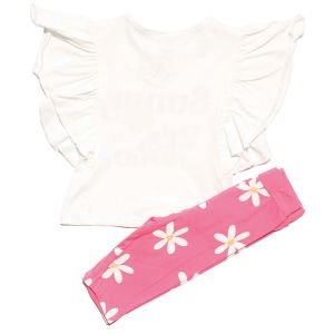 Kız Çocuk Ekru Fuşya Sunny Vibes Yazılı Çiçek Baskılı Taytlı 2'li Takım