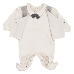 Erkek Bebek Ekru Gri Papyonlu Kendinden Yelekli Patikli Lüks Tulum