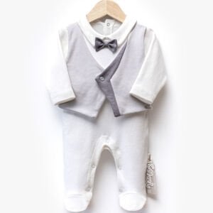 Erkek Bebek Ekru Gri Papyonlu Kendinden Yelekli Patikli Lüks Tulum