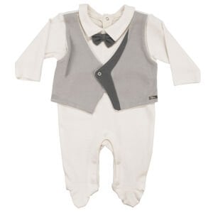 Erkek Bebek Ekru Gri Papyonlu Kendinden Yelekli Patikli Lüks Tulum