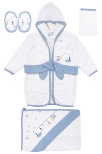 Erkek Bebek Beyaz Mavi Tavşan Desenli Havlu Bornoz Set